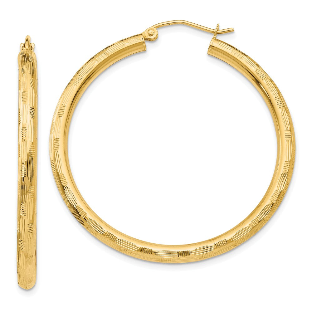 3mm x 40mm 14k Yellow Gold Textured Round Hoop Earrings, Item E13400 by The Black Bow Jewelry Co.