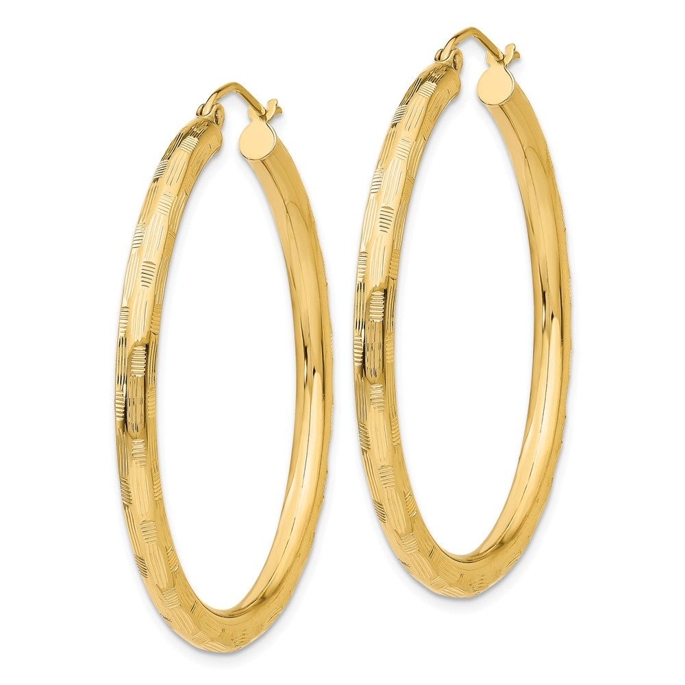 Alternate view of the 3mm x 40mm 14k Yellow Gold Textured Round Hoop Earrings by The Black Bow Jewelry Co.