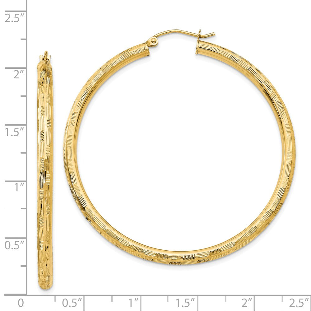 Alternate view of the 3mm x 50mm 14k Yellow Gold Textured Round Hoop Earrings by The Black Bow Jewelry Co.