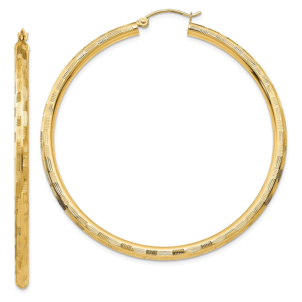 3mm x 55mm 14k Yellow Gold Textured Round Hoop Earrings, Item E13403 by The Black Bow Jewelry Co.
