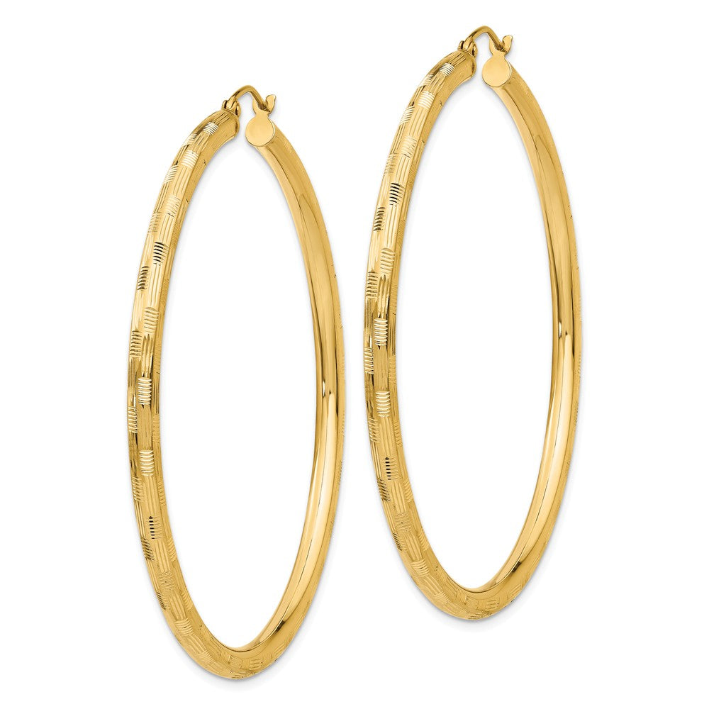 Alternate view of the 3mm x 55mm 14k Yellow Gold Textured Round Hoop Earrings by The Black Bow Jewelry Co.