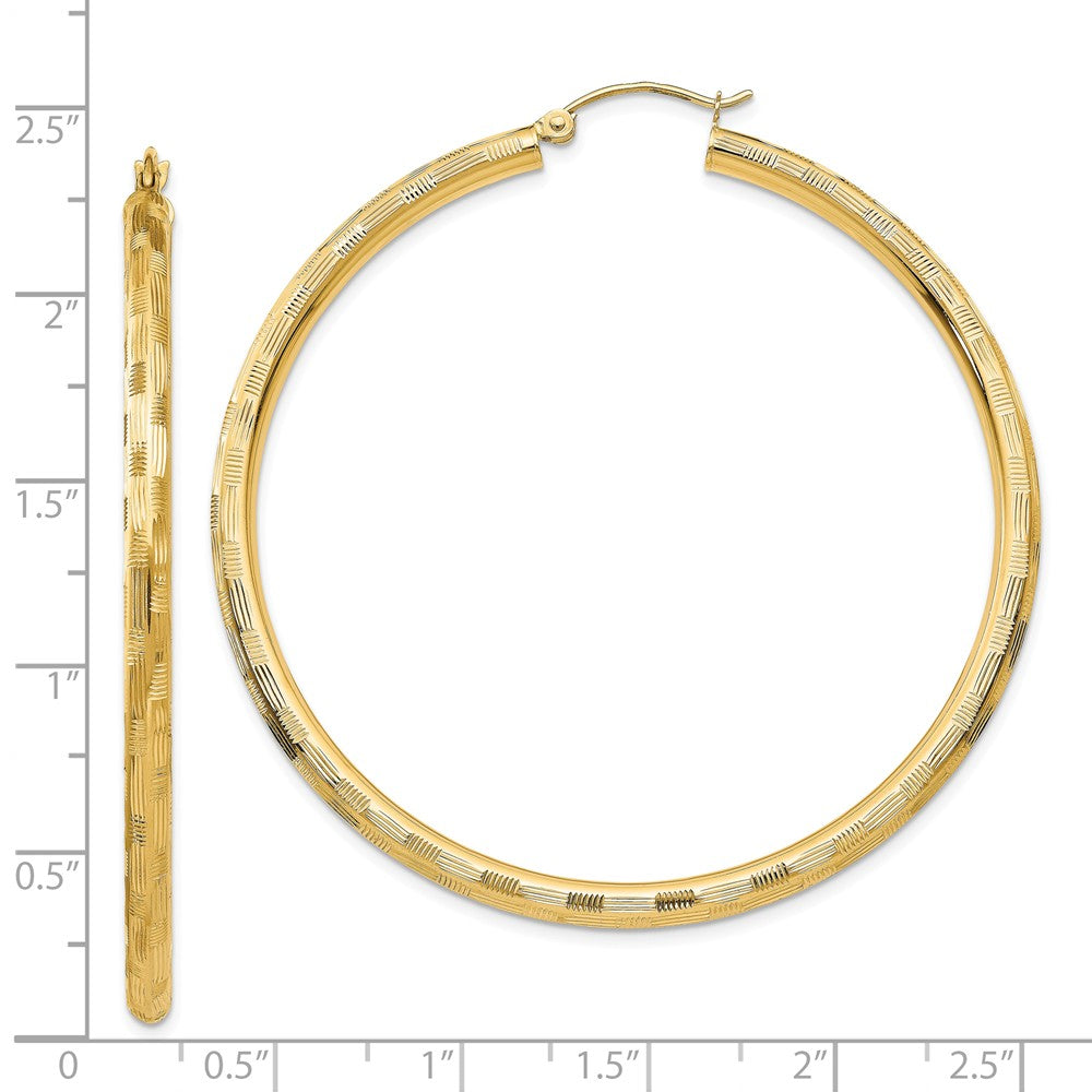 Alternate view of the 3mm x 55mm 14k Yellow Gold Textured Round Hoop Earrings by The Black Bow Jewelry Co.