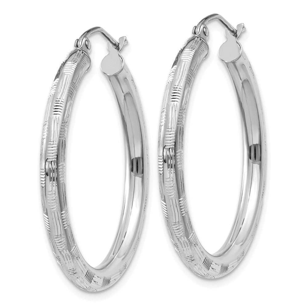 Alternate view of the 3mm x 30mm 14k White Gold Textured Round Hoop Earrings by The Black Bow Jewelry Co.