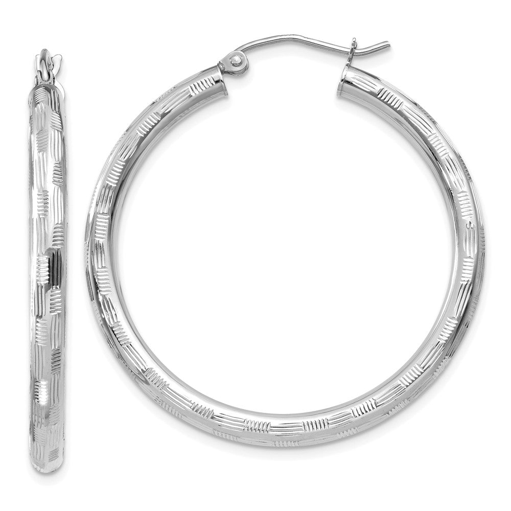 3mm x 35mm 14k White Gold Textured Round Hoop Earrings, Item E13409 by The Black Bow Jewelry Co.