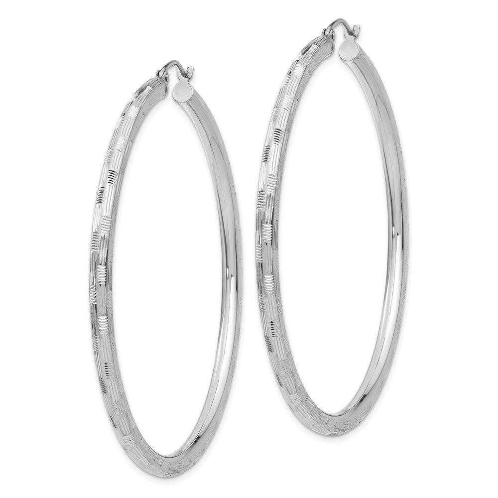 Alternate view of the 3mm x 45mm 14k White Gold Textured Round Hoop Earrings by The Black Bow Jewelry Co.