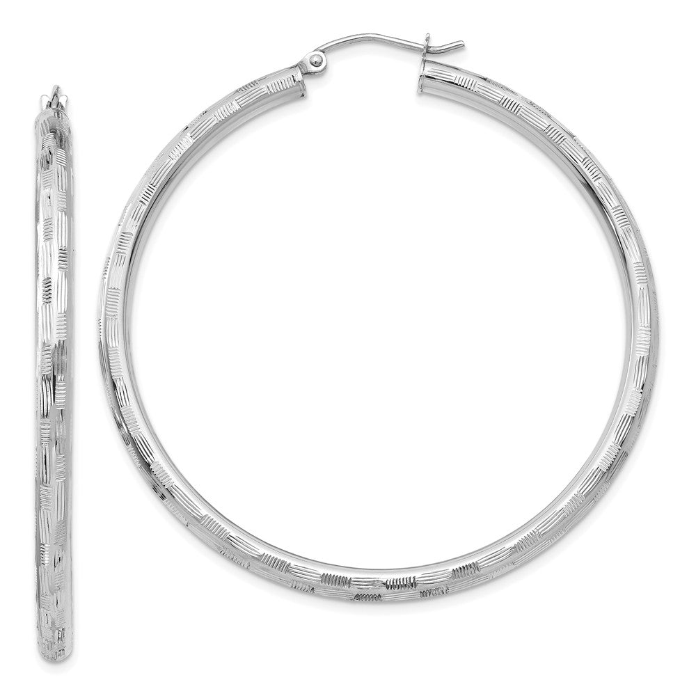 3mm x 50mm 14k White Gold Textured Round Hoop Earrings, Item E13412 by The Black Bow Jewelry Co.
