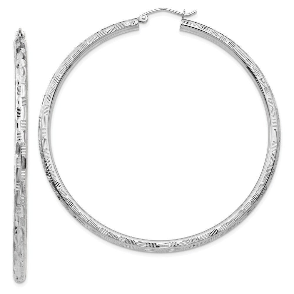 3mm x 60mm 14k White Gold Textured Round Hoop Earrings, Item E13413 by The Black Bow Jewelry Co.