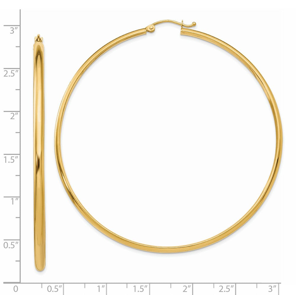 Alternate view of the 2.75mm x 65mm Polished 14k Yellow Gold Domed Round Hoop Earrings by The Black Bow Jewelry Co.