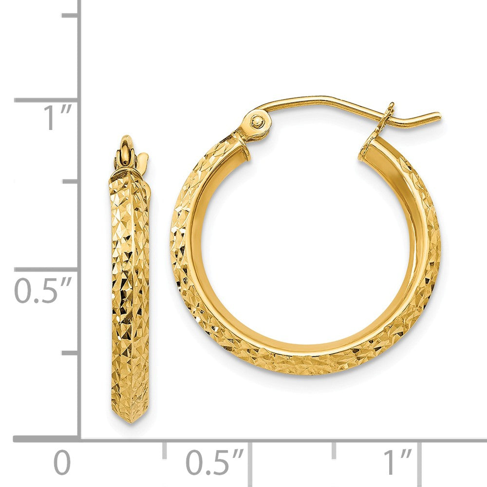 Alternate view of the 2.5mm x 20mm 14k Yellow Gold Knife Edge Diamond-Cut Round Hoops by The Black Bow Jewelry Co.