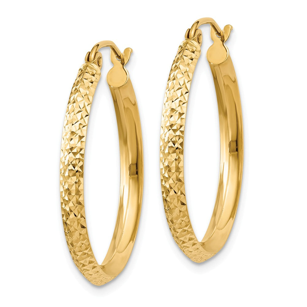 Alternate view of the 2.5mm x 25mm 14k Yellow Gold Knife Edge Diamond-Cut Round Hoops by The Black Bow Jewelry Co.