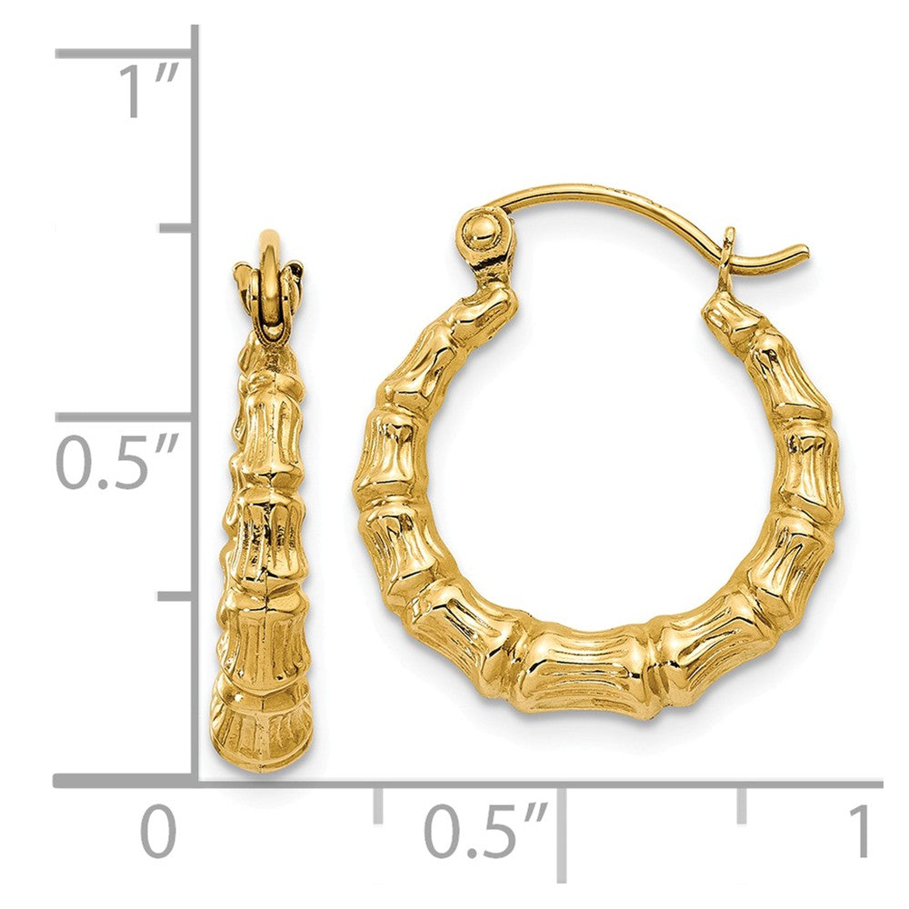 Alternate view of the 2mm x 16mm 14k Yellow Gold Hollow Bamboo Inspired Hoop Earrings by The Black Bow Jewelry Co.