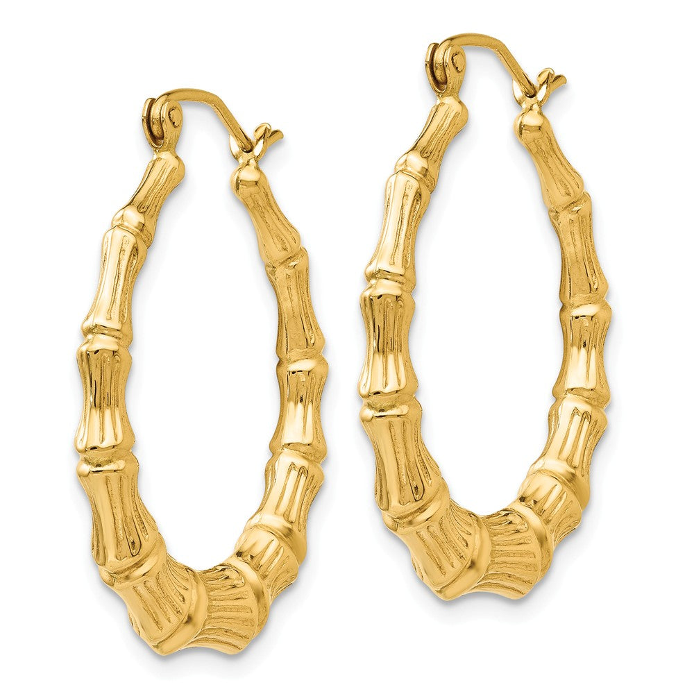 Alternate view of the 4mm x 26mm 14k Yellow Gold Hollow Bamboo Inspired Hoop Earrings by The Black Bow Jewelry Co.