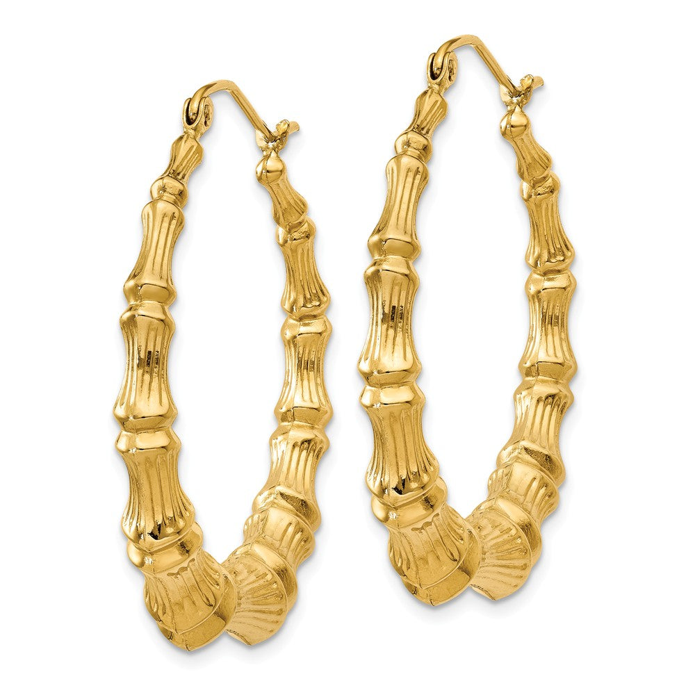 Alternate view of the 6mm x 35mm 14k Yellow Gold Hollow Bamboo Inspired Hoop Earrings by The Black Bow Jewelry Co.