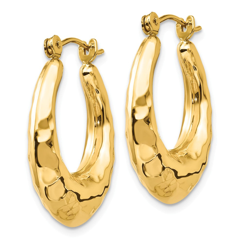 Alternate view of the 6mm x 23mm Hammered Puffed Oval Hoops in 14k Yellow Gold by The Black Bow Jewelry Co.