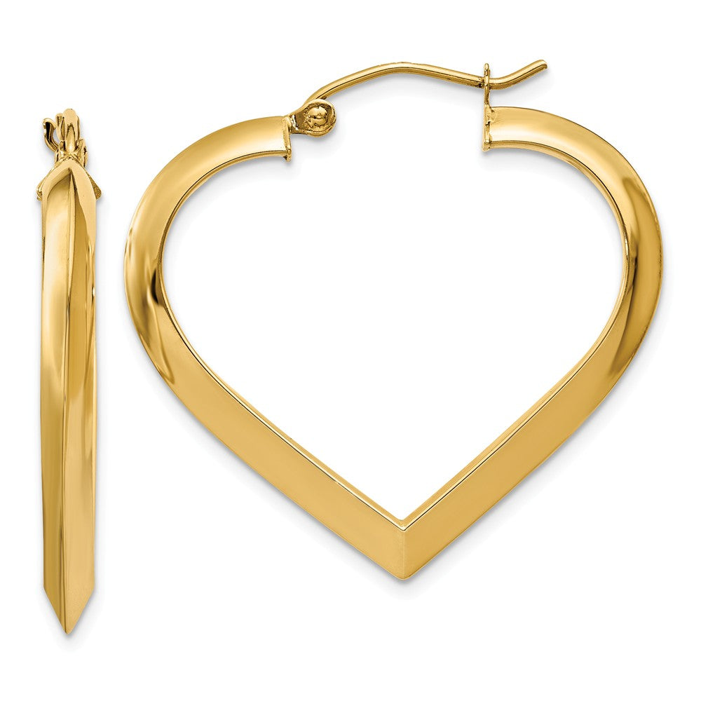 3mm x 28mm Polished 14k Yellow Gold Knife Edge Heart Hoop Earrings, Item E13466 by The Black Bow Jewelry Co.
