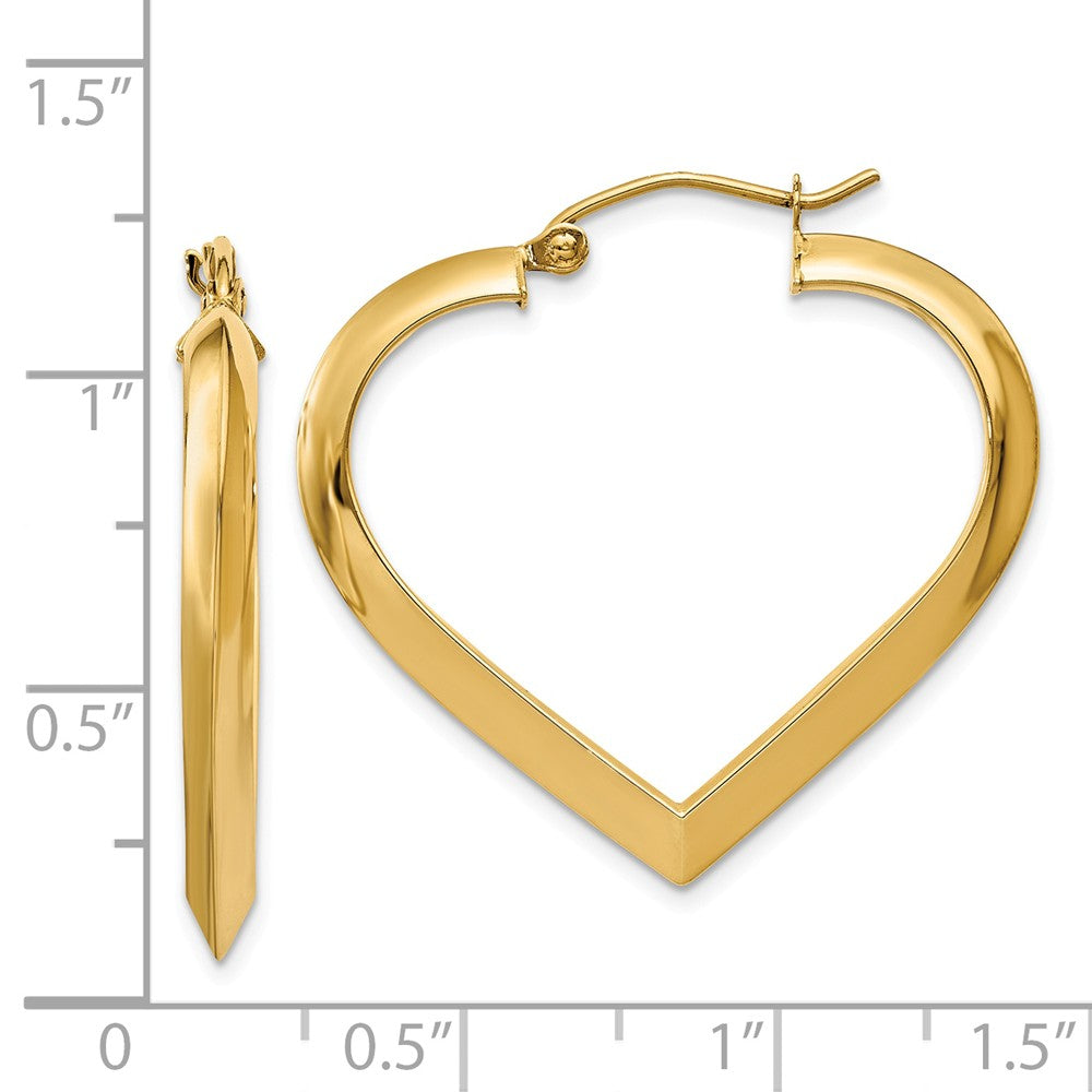 Alternate view of the 3mm x 28mm Polished 14k Yellow Gold Knife Edge Heart Hoop Earrings by The Black Bow Jewelry Co.