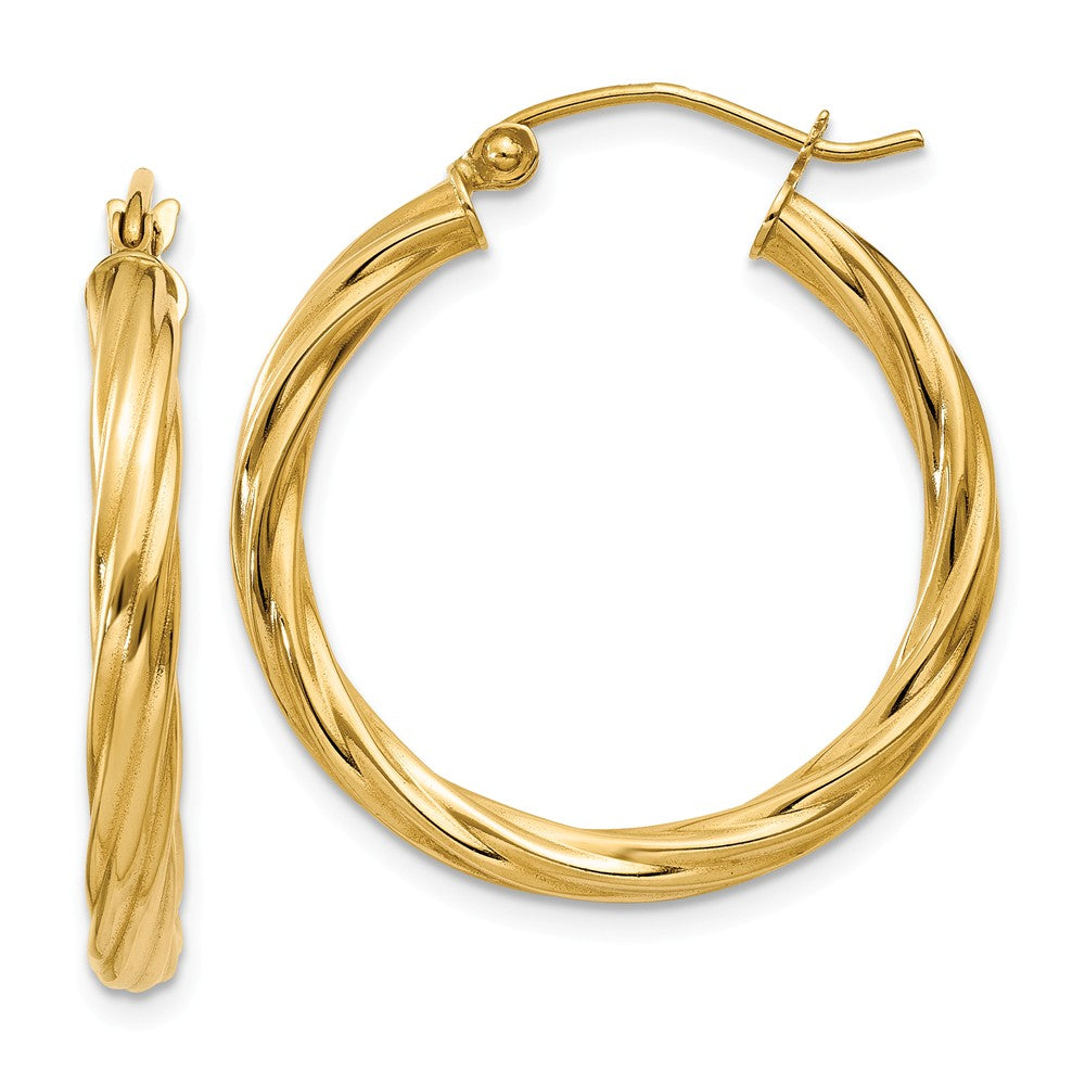 3.25mm x 26mm Polished 14k Yellow Gold Twisted Round Hoop Earrings, Item E13483 by The Black Bow Jewelry Co.
