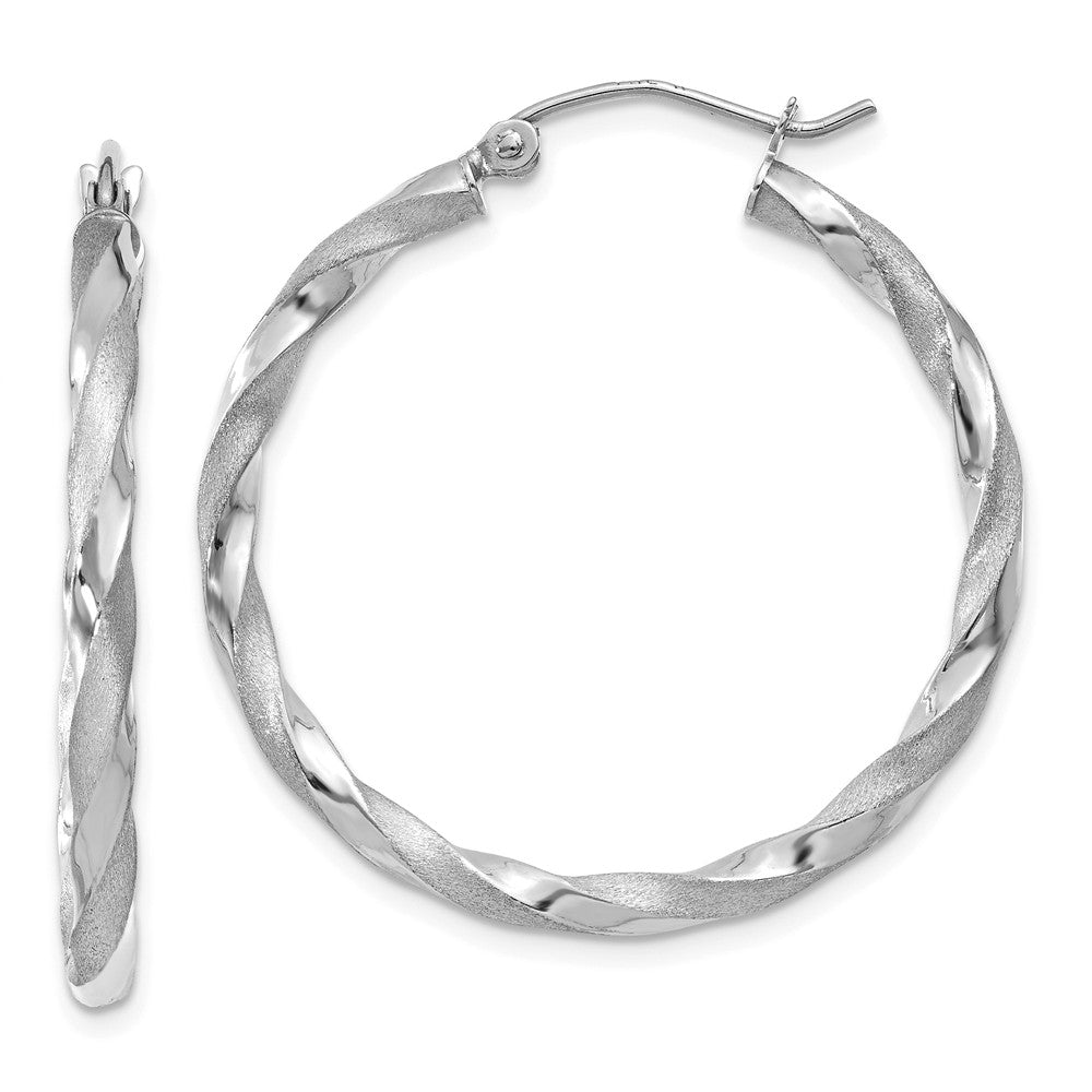 14k White Gold Polished &amp; Satin Twisted Round Hoop Earrings, 32mm, Item E13488 by The Black Bow Jewelry Co.