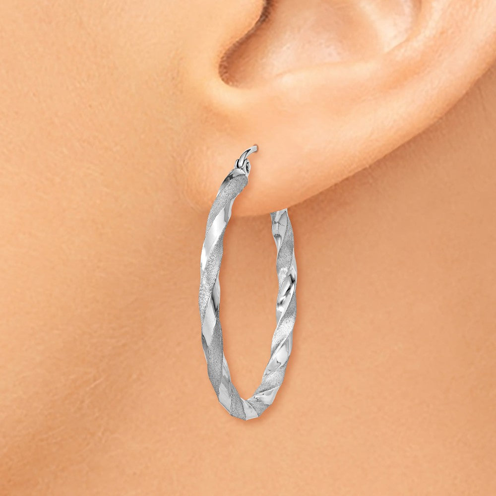 Alternate view of the 14k White Gold Polished &amp; Satin Twisted Round Hoop Earrings, 32mm by The Black Bow Jewelry Co.