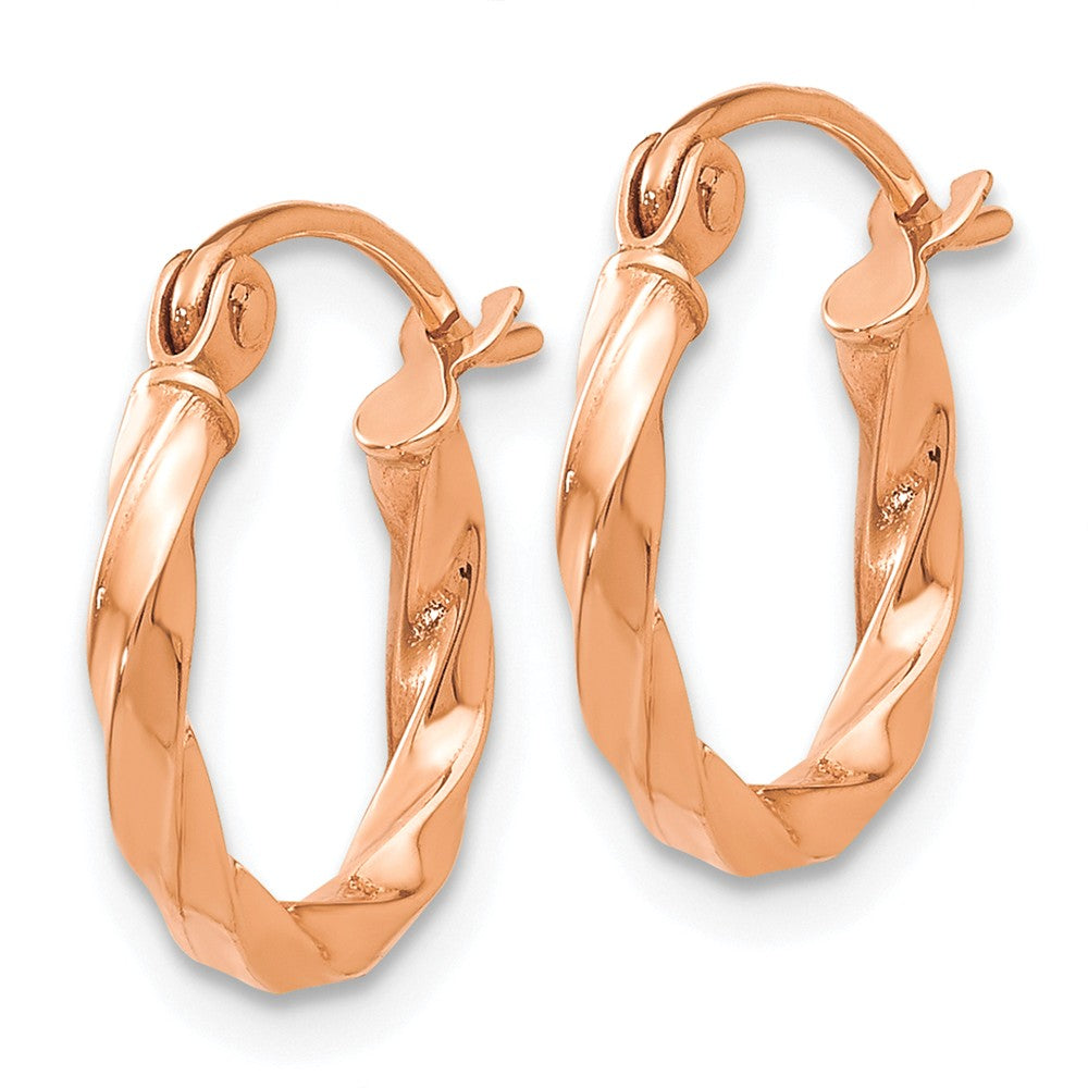Alternate view of the 2mm x 13mm 14k Rose Gold Small Twisted Round Hoop Earrings by The Black Bow Jewelry Co.