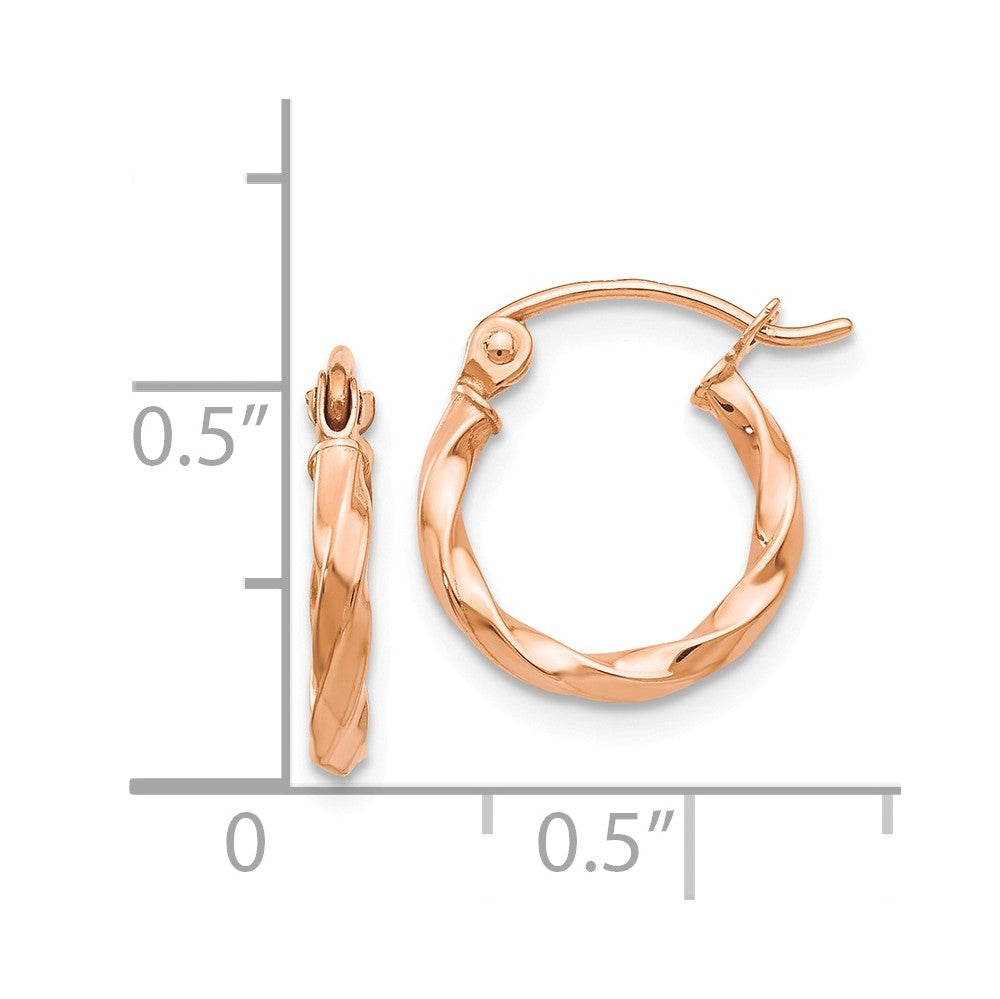 Alternate view of the 2mm x 13mm 14k Rose Gold Small Twisted Round Hoop Earrings by The Black Bow Jewelry Co.