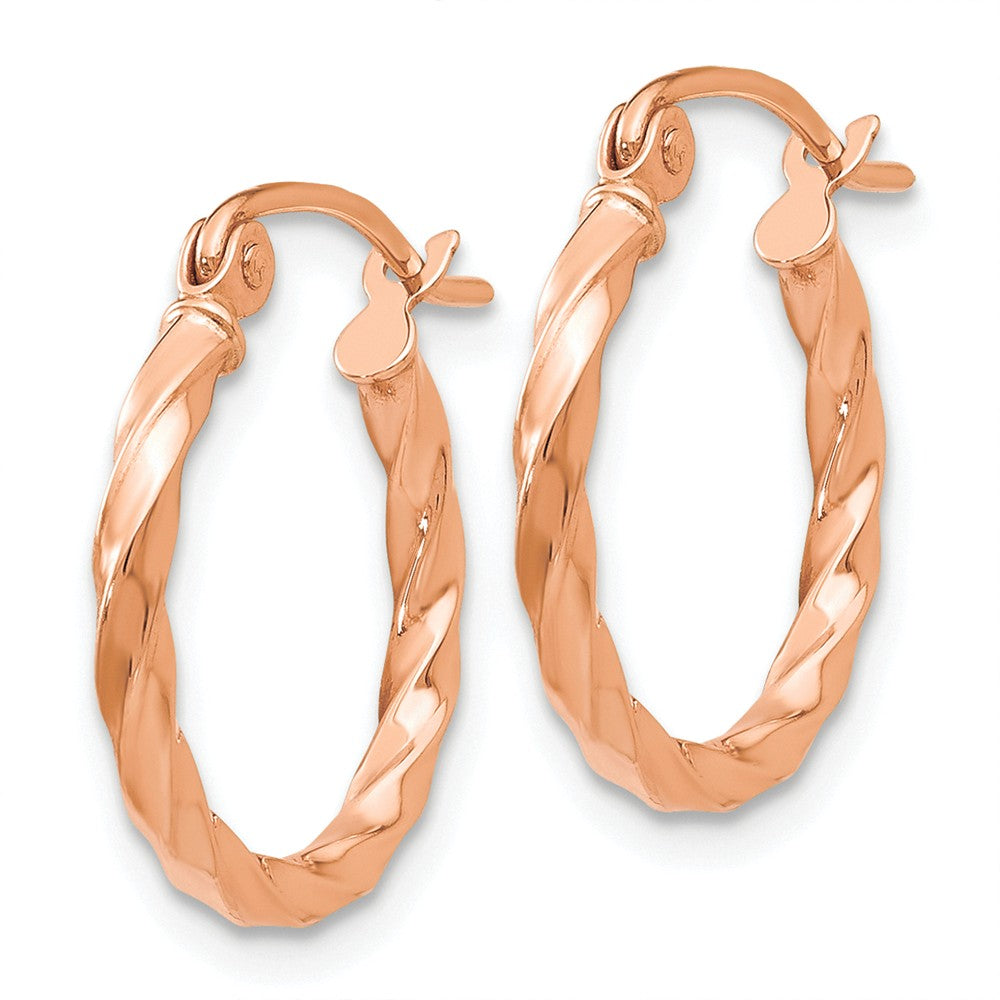 Alternate view of the 2mm x 15mm 14k Rose Gold Small Twisted Round Hoop Earrings by The Black Bow Jewelry Co.