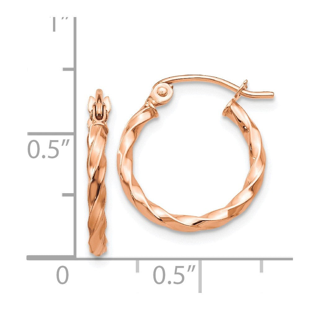Alternate view of the 2mm x 15mm 14k Rose Gold Small Twisted Round Hoop Earrings by The Black Bow Jewelry Co.