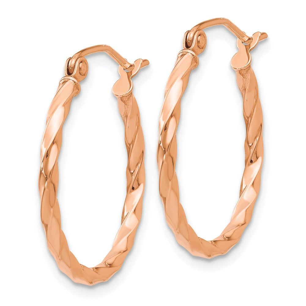 Alternate view of the 2mm x 20mm 14k Rose Gold Small Twisted Round Hoop Earrings by The Black Bow Jewelry Co.