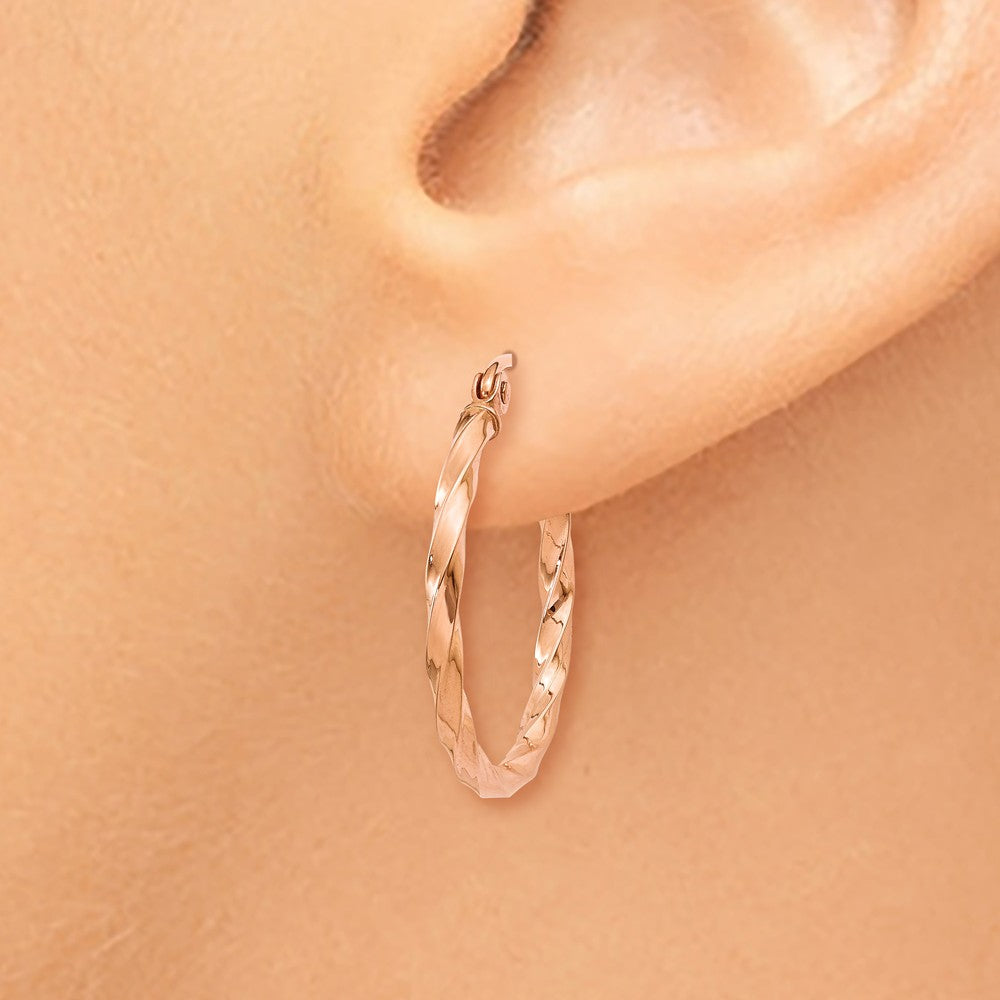 Alternate view of the 2mm x 20mm 14k Rose Gold Small Twisted Round Hoop Earrings by The Black Bow Jewelry Co.