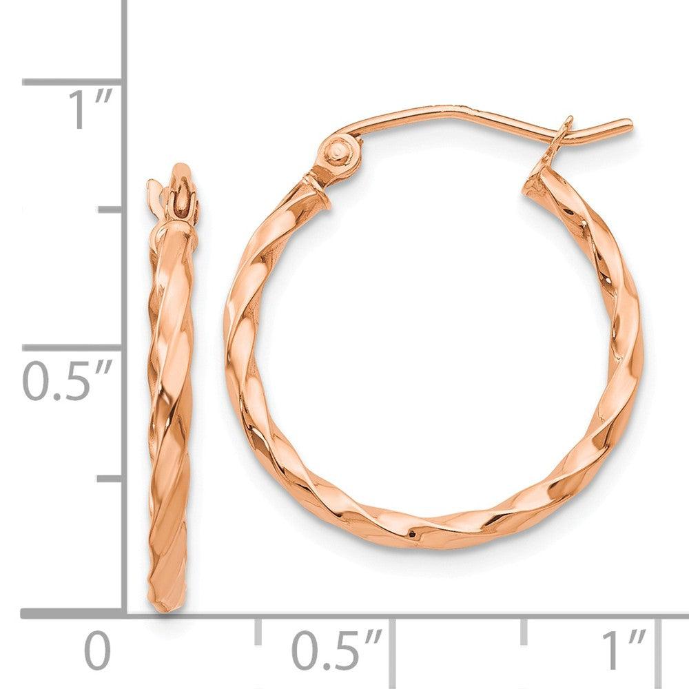 Alternate view of the 2mm x 20mm 14k Rose Gold Small Twisted Round Hoop Earrings by The Black Bow Jewelry Co.