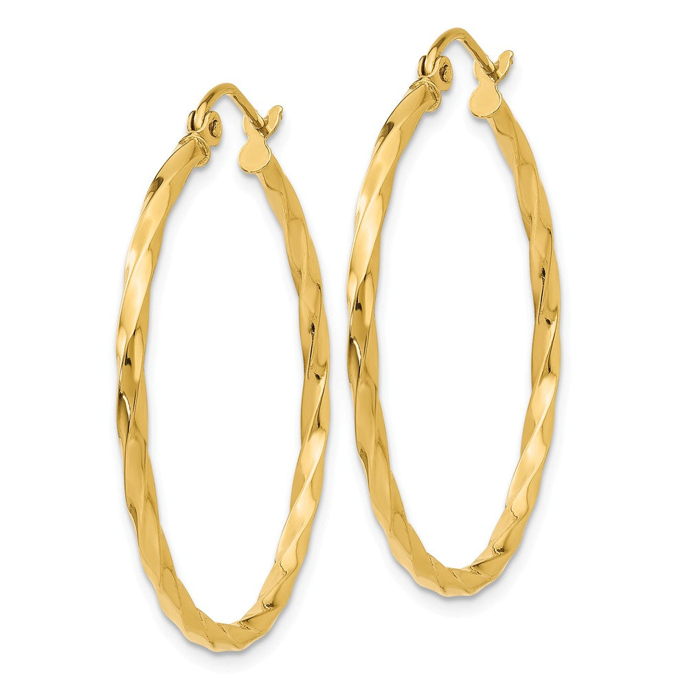 Alternate view of the 2mm, Twisted 14k Yellow Gold Round Hoop Earrings, 26mm (1 Inch) by The Black Bow Jewelry Co.