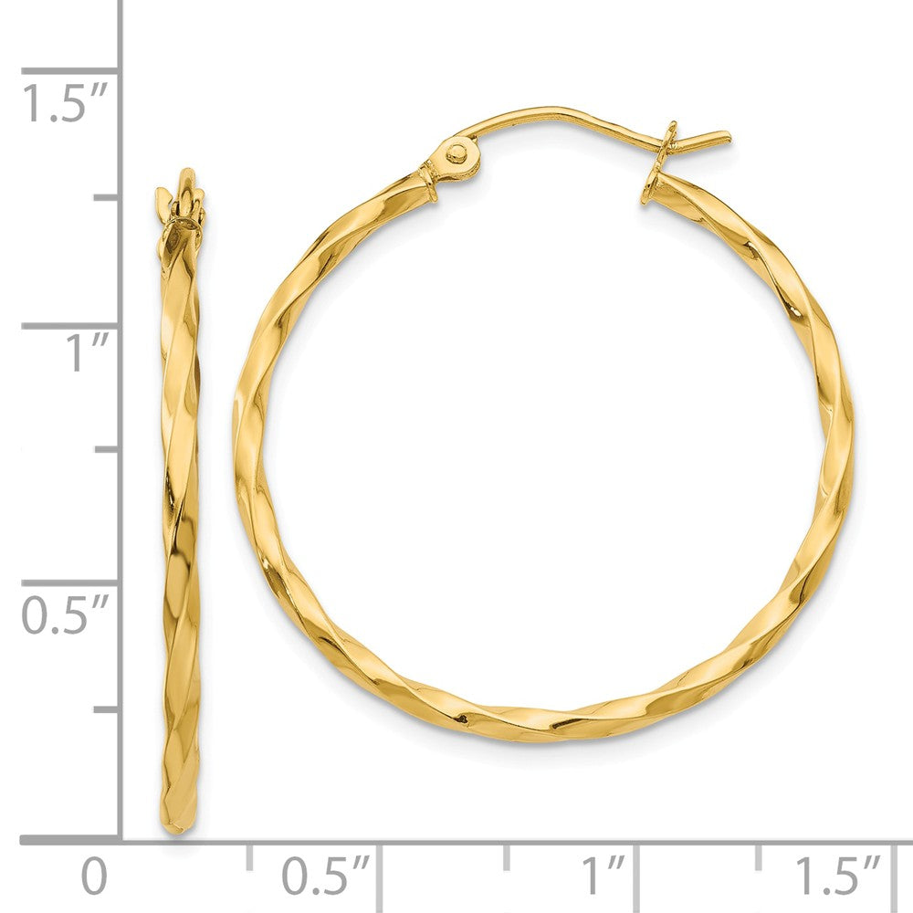 Alternate view of the 2mm, Twisted 14k Yellow Gold Round Hoop Earrings, 26mm (1 Inch) by The Black Bow Jewelry Co.