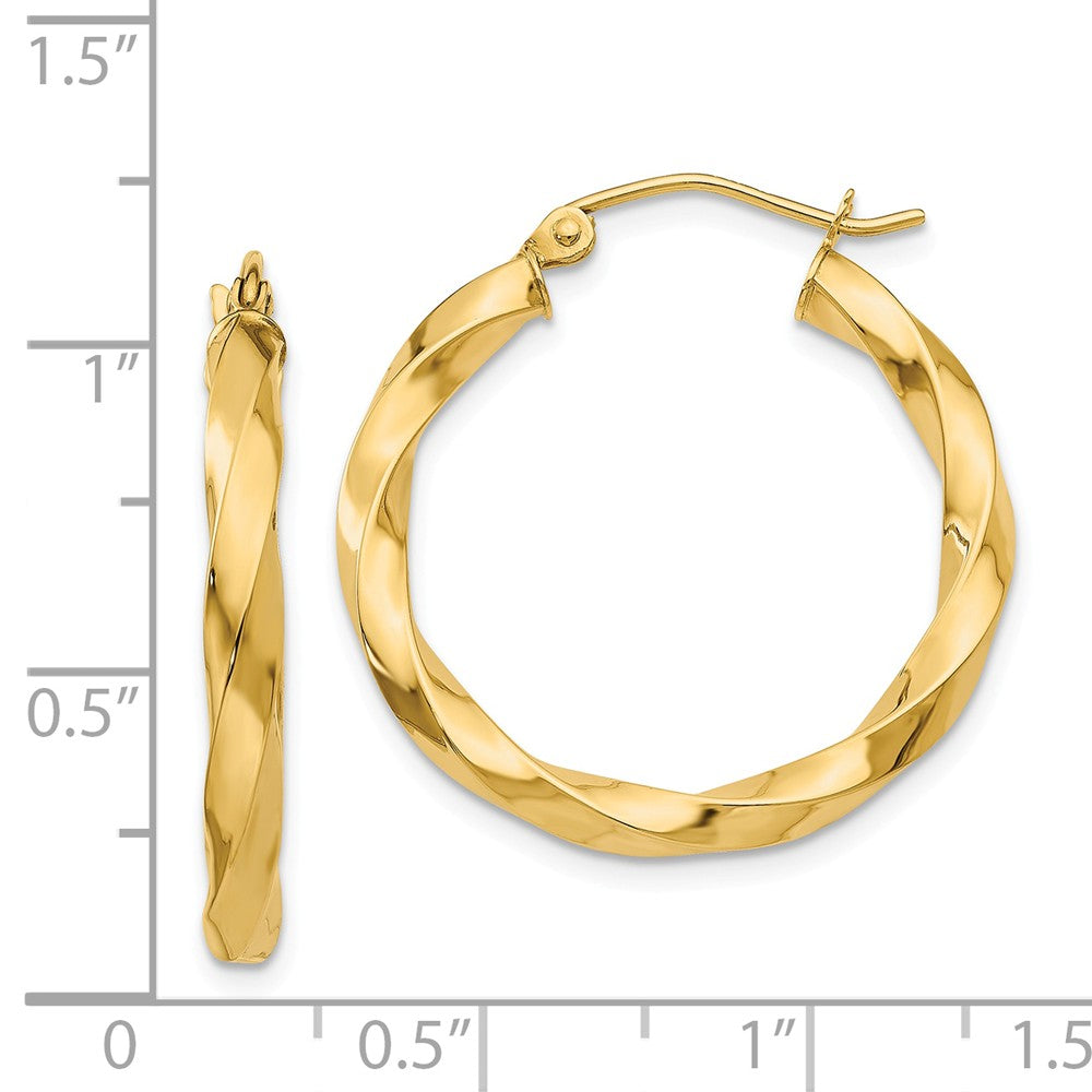 Alternate view of the 3mm x 27mm Polished 14k Yellow Gold Medium Twisted Round Hoop Earrings by The Black Bow Jewelry Co.