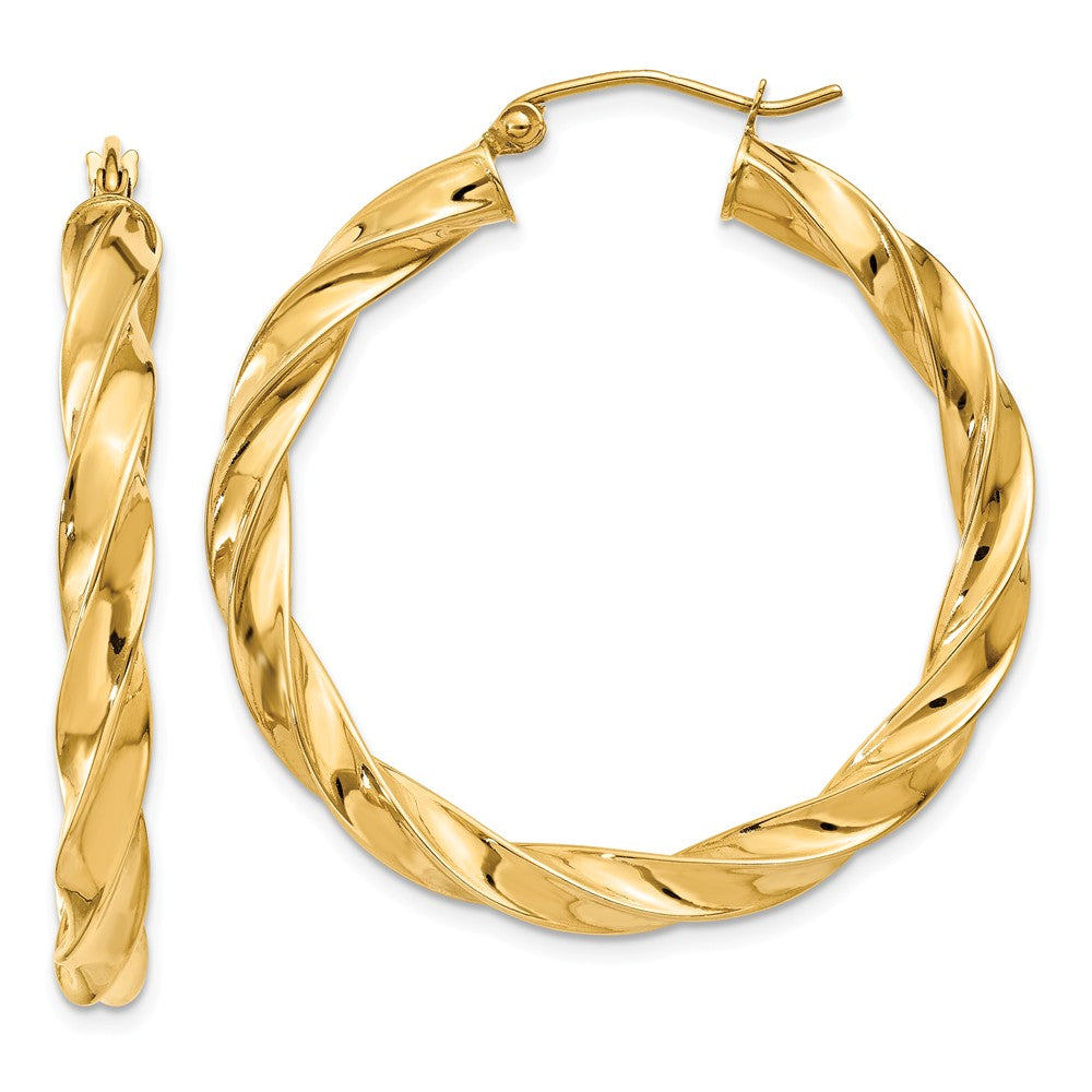 4mm x 36mm Polished 14k Yellow Gold Hollow Twisted Round Hoop Earrings, Item E13509 by The Black Bow Jewelry Co.