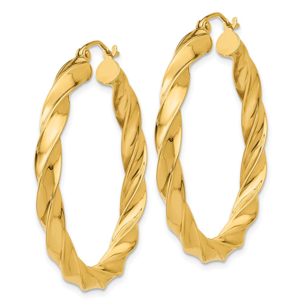 Alternate view of the 4mm x 36mm Polished 14k Yellow Gold Hollow Twisted Round Hoop Earrings by The Black Bow Jewelry Co.