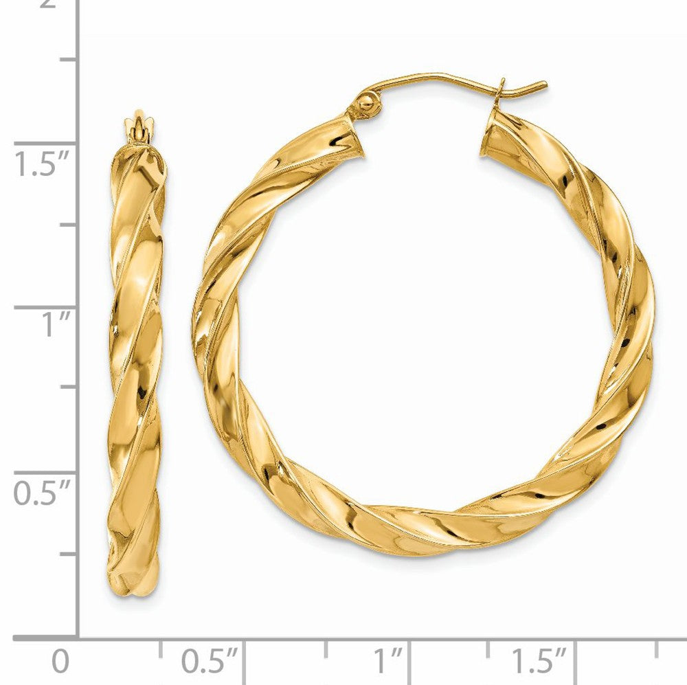 Alternate view of the 4mm x 36mm Polished 14k Yellow Gold Hollow Twisted Round Hoop Earrings by The Black Bow Jewelry Co.