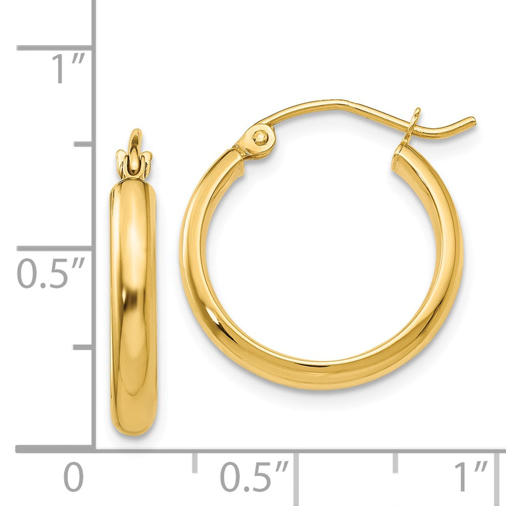Alternate view of the 2.75mm x 19mm Polished 14k Yellow Gold Domed Round Tube Hoop Earrings by The Black Bow Jewelry Co.