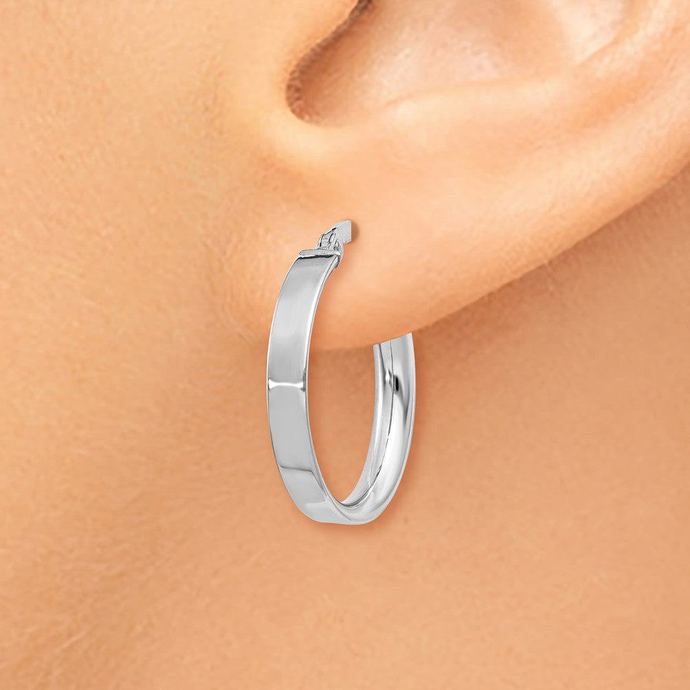 Alternate view of the 3mm x 18mm White Rhodium Plated 14k Yellow Gold Round Hoop Earrings by The Black Bow Jewelry Co.