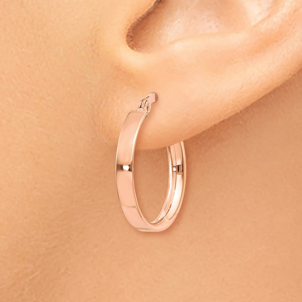 Alternate view of the 3mm x 18mm Rose Rhodium Plated 14k Yellow Gold Round Hoop Earrings by The Black Bow Jewelry Co.