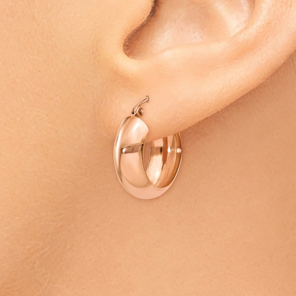 Alternate view of the 7mm x 18mm 14k Rose Gold Half Round Open Back Hoop Earrings by The Black Bow Jewelry Co.