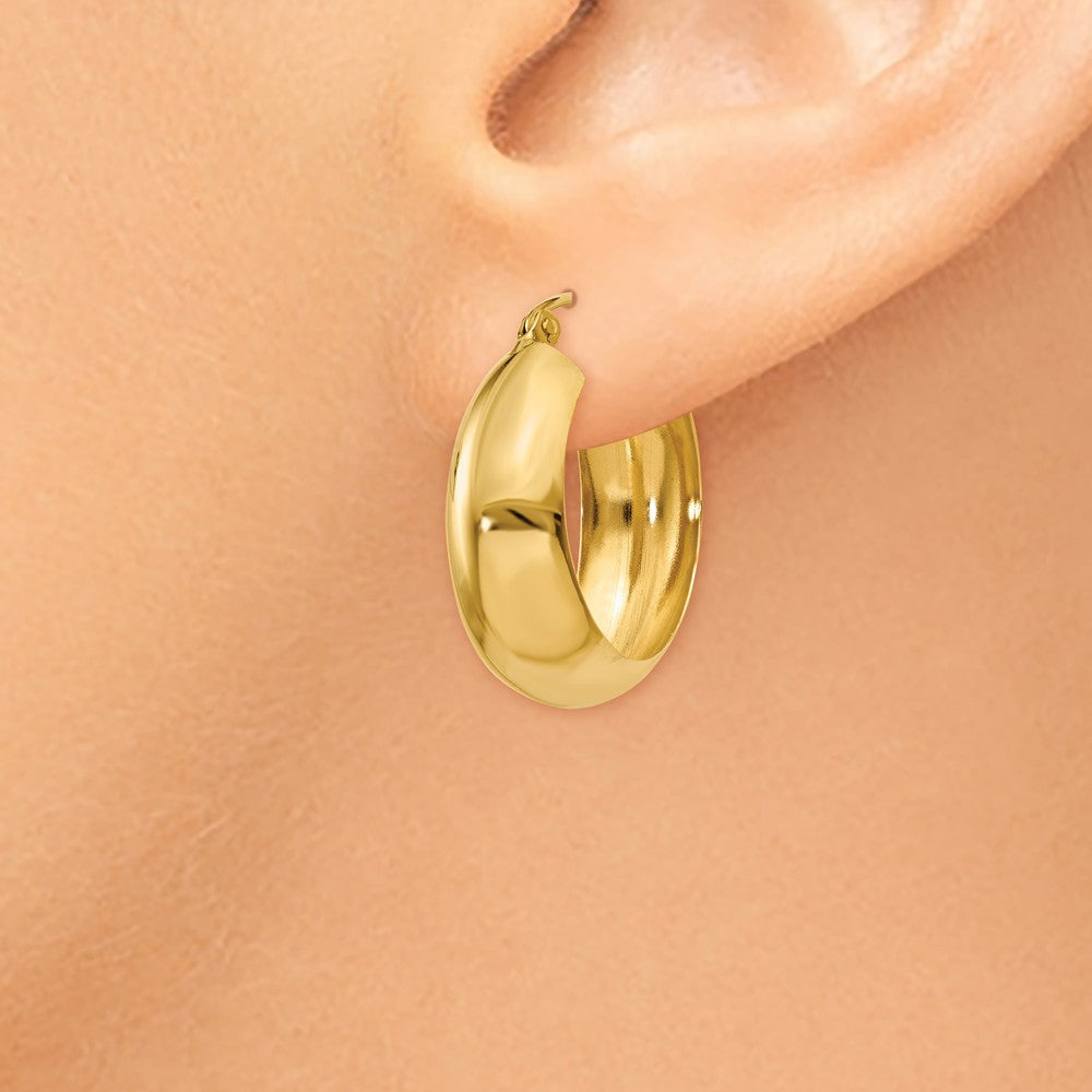 Alternate view of the 7mm x 21mm 14k Yellow Gold Half Round Open Back Hoop Earrings by The Black Bow Jewelry Co.