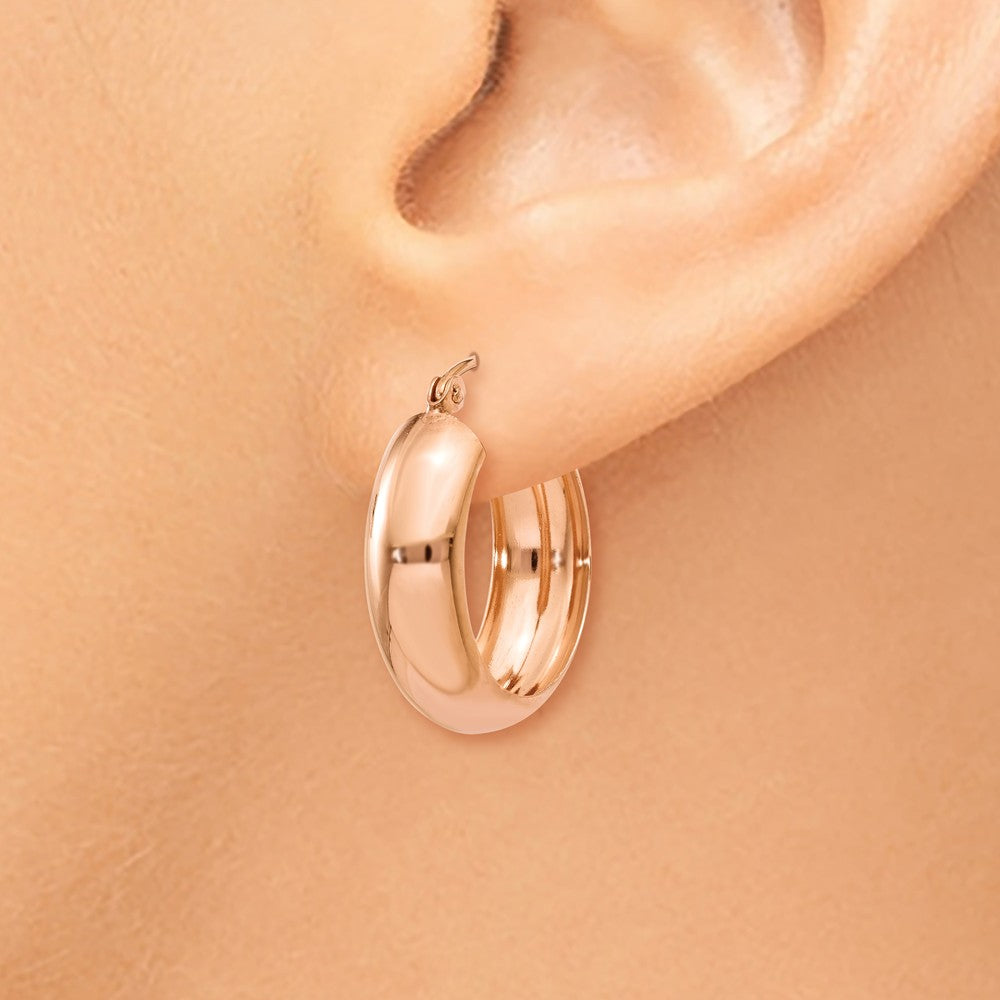 Alternate view of the 7mm x 21mm 14k Rose Gold Half Round Open Back Hoop Earrings by The Black Bow Jewelry Co.
