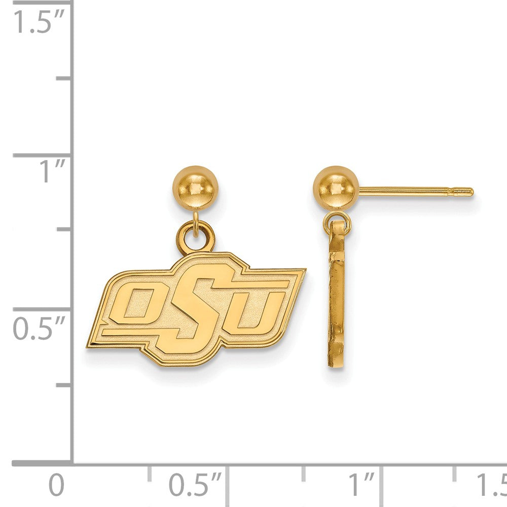 Alternate view of the 14k Yellow Gold Oklahoma State University Ball Dangle Earrings by The Black Bow Jewelry Co.