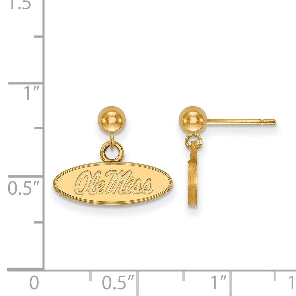 Alternate view of the 14k Yellow Gold University of Mississippi Ball Dangle Earrings by The Black Bow Jewelry Co.