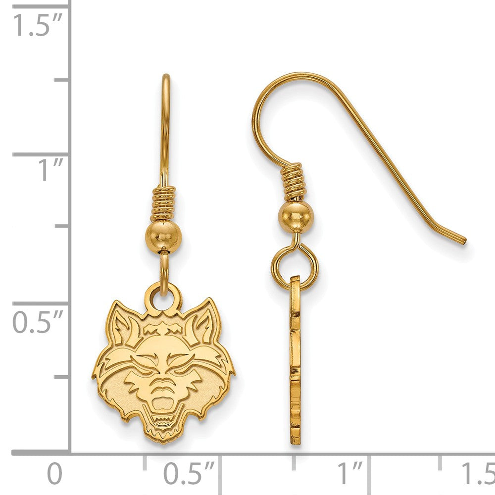 Alternate view of the 14k Gold Plated Silver Arkansas State University Dangle Earring by The Black Bow Jewelry Co.