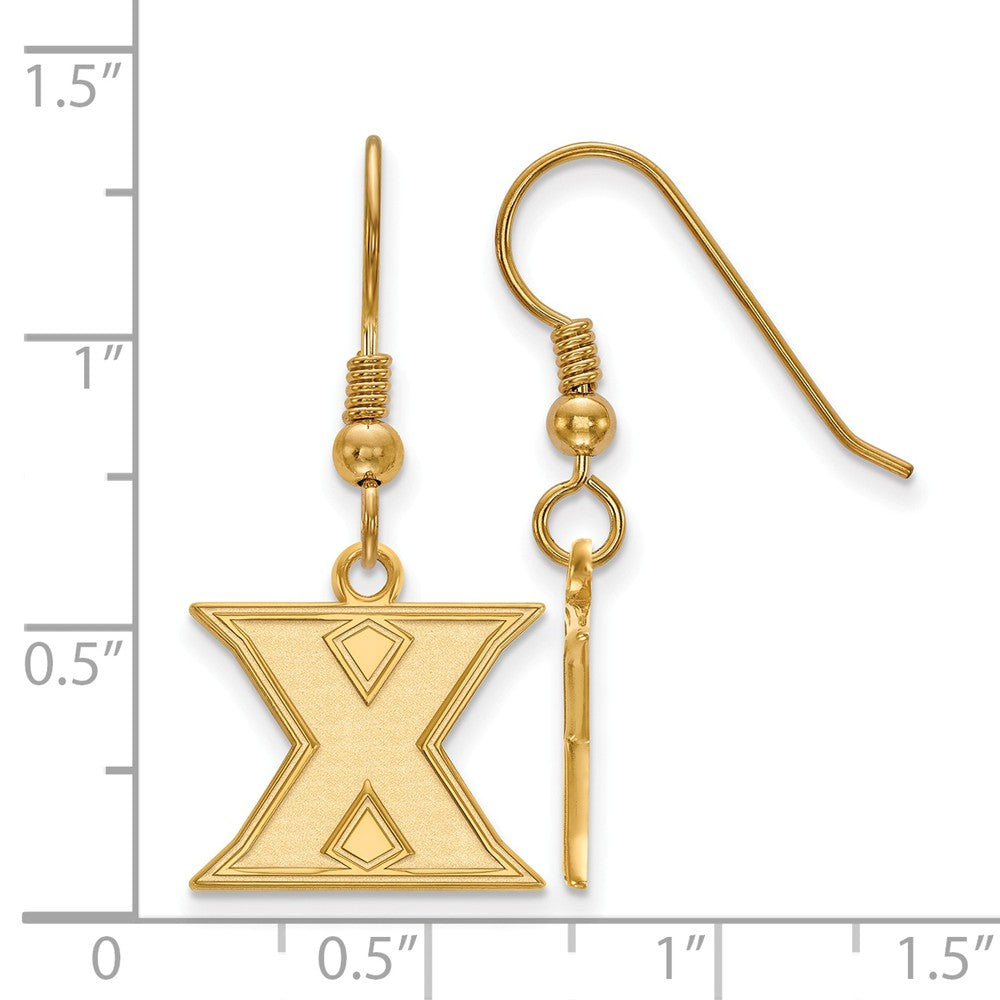 Alternate view of the 14k Gold Plated Silver Xavier University Small Dangle Earrings by The Black Bow Jewelry Co.