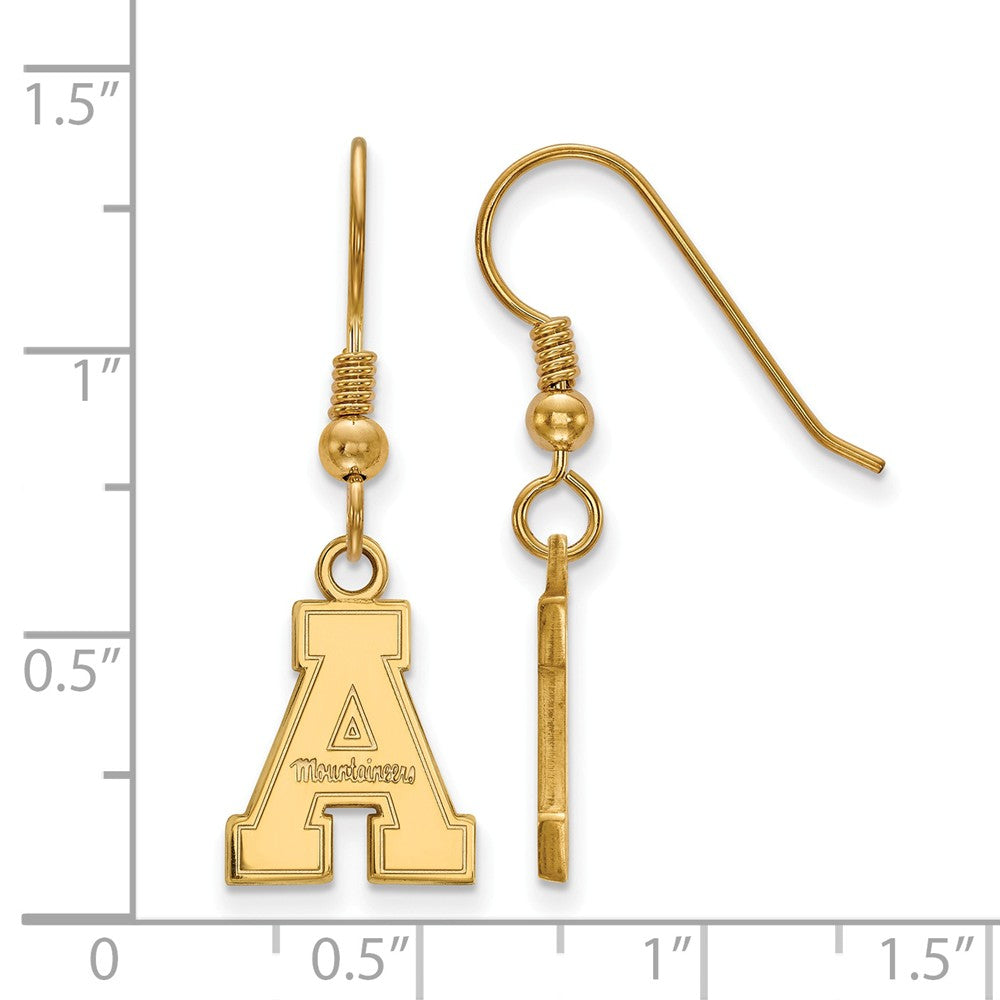 Alternate view of the 14k Gold Plated Silver Appalachian State U Small Dangle Earrings by The Black Bow Jewelry Co.