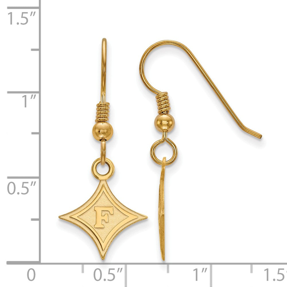 Alternate view of the 14k Gold Plated Silver Furman University Small Dangle Earrings by The Black Bow Jewelry Co.