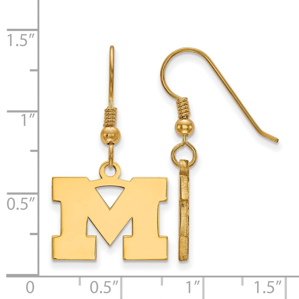 Alternate view of the 14k Gold Plated Silver Michigan (Univ of) Small Dangle Earrings by The Black Bow Jewelry Co.