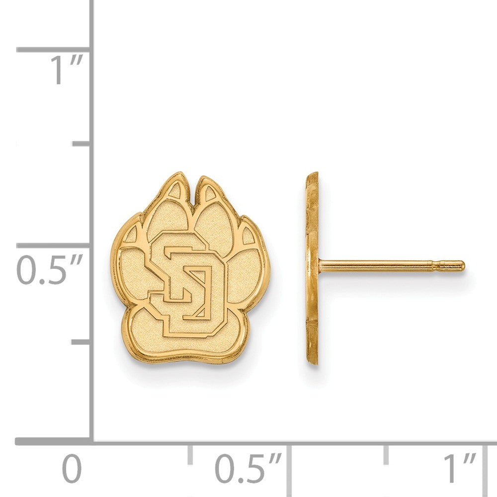 Alternate view of the 10k Yellow Gold University of South Dakota Small Post Earrings by The Black Bow Jewelry Co.